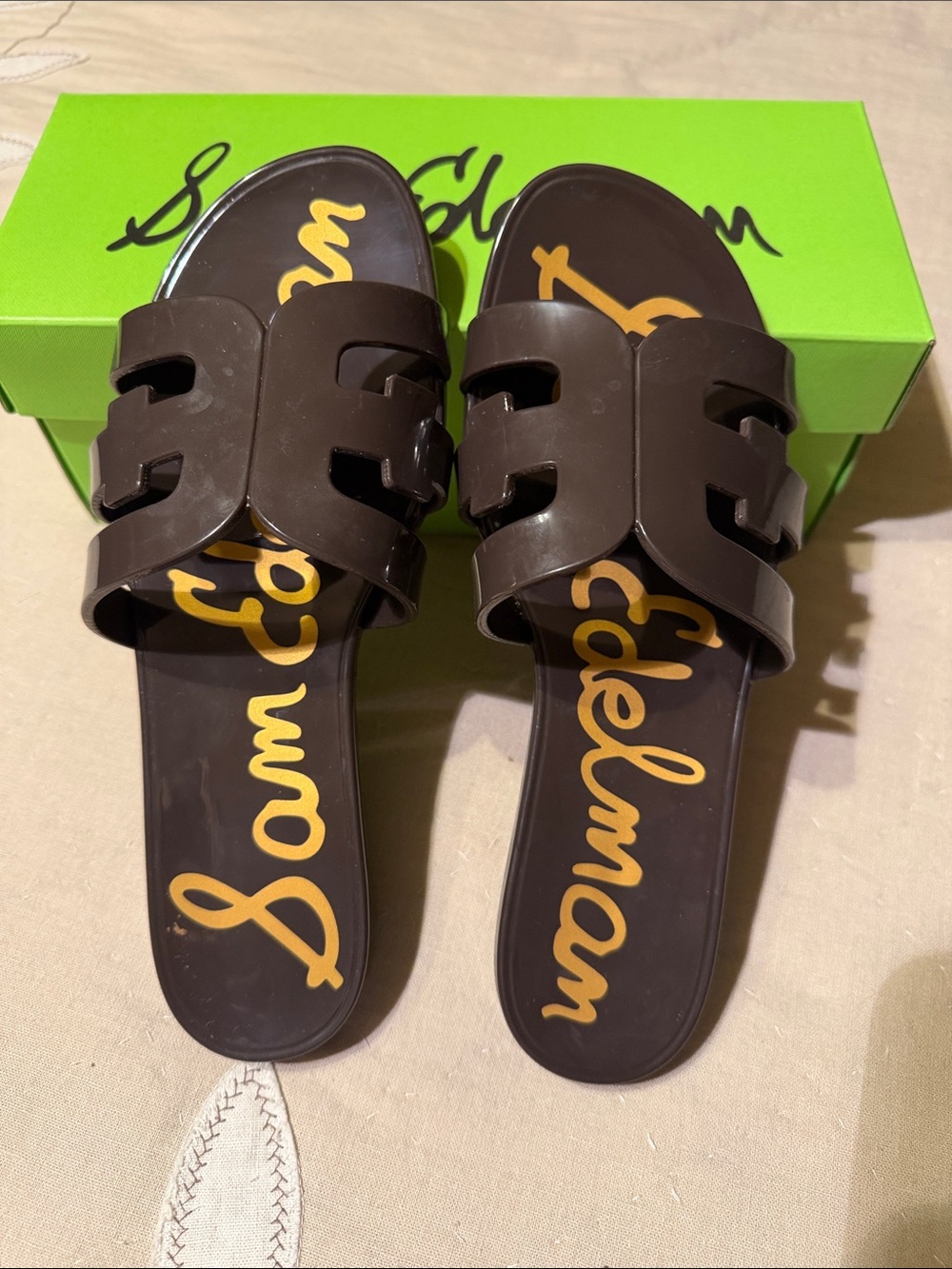 Sam Edelman Dark Brown Cutout Logo Slide Bay Jelly sandals